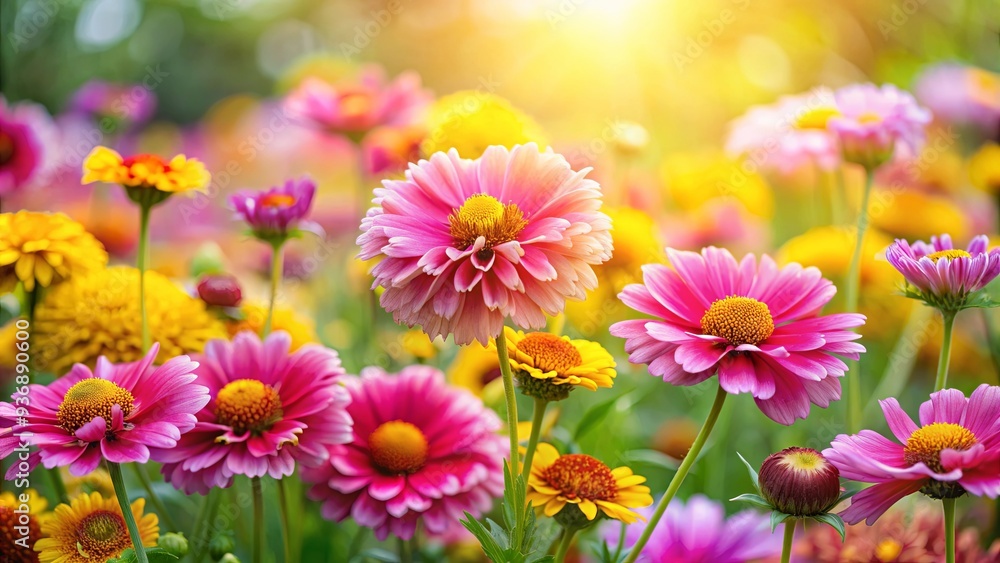 Pink and yellow flowers blooming in a vibrant garden , spring, floral, blooms, colorful, nature, blossom, petals, daisies Pink and yellow flowers blooming in a vibrant garden , spring, floral, blooms, colorful, nature, blossom, petals, daisies
