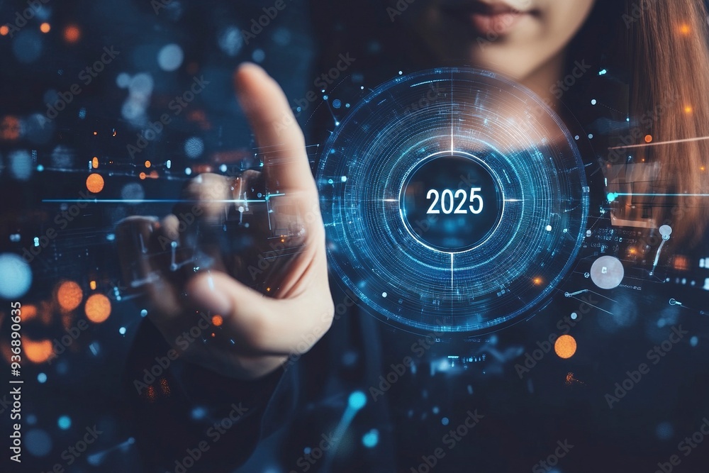 A businesswoman taps a start button for New Year 2025, sets goals, and develops strategies to achieve better results in the future..generative ai A businesswoman taps a start button for New Year 2025, sets goals, and develops strategies to achieve better results in the future..generative ai