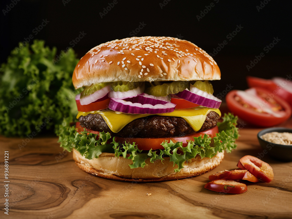 Juicy cheeseburger on a wooden board with fresh toppings and greens Juicy cheeseburger on a wooden board with fresh toppings and greens