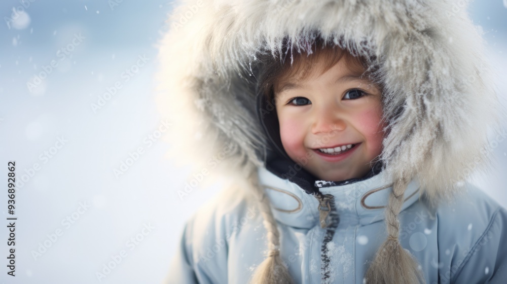 Attractive smiling eskimo kid with fur hood and warm clothes in winter scenery. Neural network ai generated art Attractive smiling eskimo kid with fur hood and warm clothes in winter scenery. Neural network ai generated art
