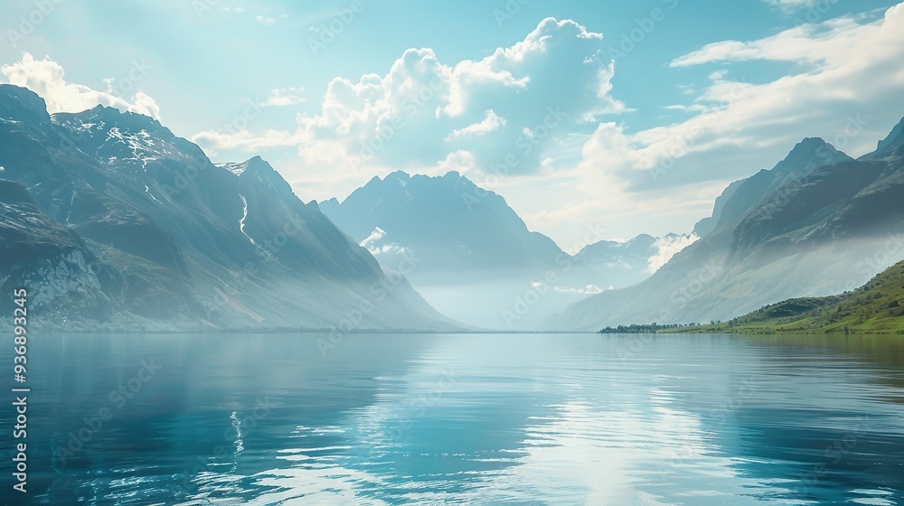 A serene mountain lake landscape with a misty sky and calm waters. A serene mountain lake landscape with a misty sky and calm waters.