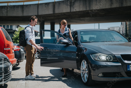 A man courteously opens the car door for a woman in a busy city parking area, showcasing chivalry and urban lifestyle.