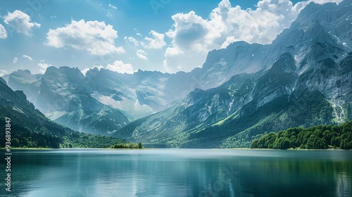 Mountain Lake with Cloudy Blue Sky and Green Forested Slopes