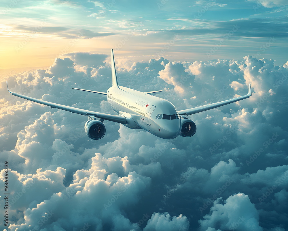 An airplane flying in the blue sky and white clouds. Suitable for many things, such as decorating home, shop or office, helping to create a bright, relaxing atmosphere or teaching media about travel.