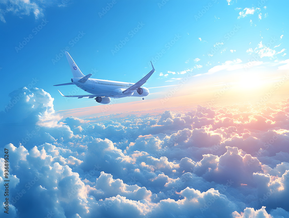 An airplane flying in the blue sky and white clouds. Suitable for many things, such as decorating home, shop or office, helping to create a bright, relaxing atmosphere or teaching media about travel. An airplane flying in the blue sky and white clouds. Suitable for many things, such as decorating home, shop or office, helping to create a bright, relaxing atmosphere or teaching media about travel.