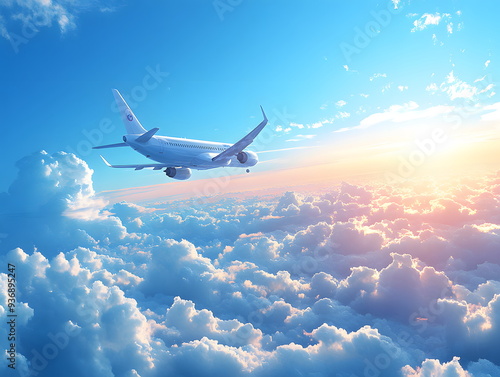 An airplane flying in the blue sky and white clouds. Suitable for many things, such as decorating home, shop or office, helping to create a bright, relaxing atmosphere or teaching media about travel.