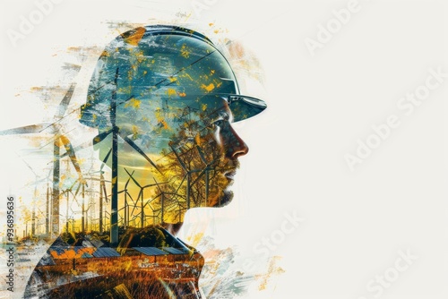 A man wearing a hard hat is shown in a painting of a wind farm