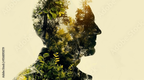 A man's face is shown in a forest, with trees surrounding him