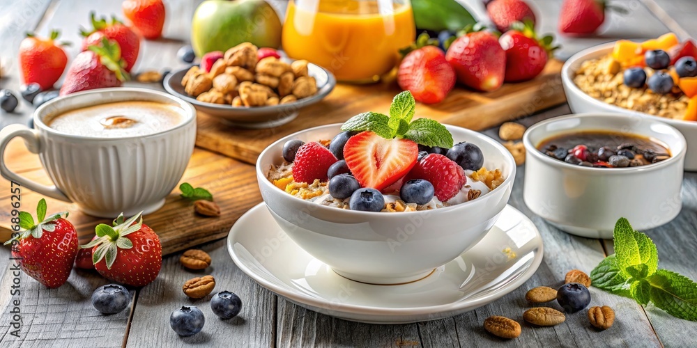A delicious and healthy breakfast spread with fresh fruits, yogurt, granola, and coffee, Breakfast, Morning, Healthy, Nutrition A delicious and healthy breakfast spread with fresh fruits, yogurt, granola, and coffee, Breakfast, Morning, Healthy, Nutrition