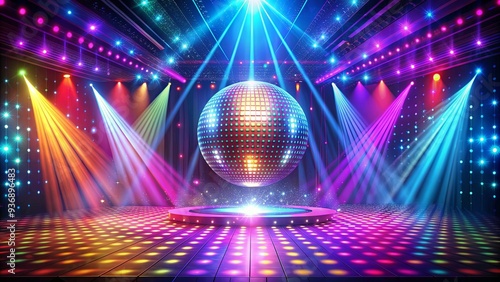 70s disco era concert stage with shimmering disco ball, neon lights, and colorful stage, disco, 70s, era, concert photo