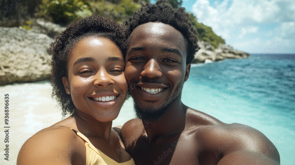 Fototapeta premium Couple Posing for a Selfie at the Beach