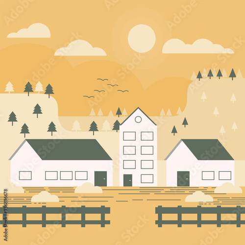 Illustration of Fall scenary in sunset day cartoon simple flat art