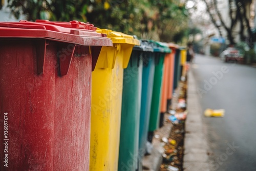 Close up of yellow and green recycling bins on a street representing the organization of waste management in urban environments