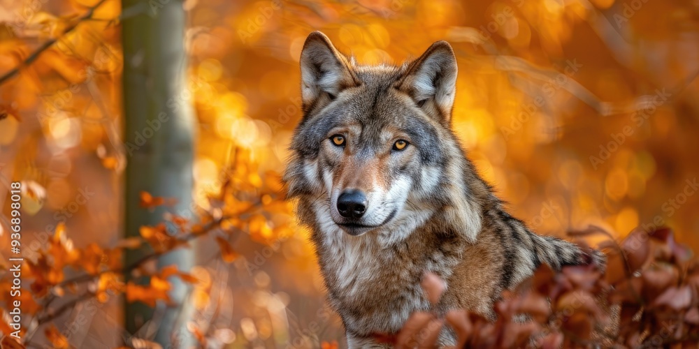 Eurasian Wolf, commonly referred to as the Gray Wolf and also known as the Timber Wolf, is scientifically classified as Canis lupus lupus, and is found in forested areas during the autumn season. Eurasian Wolf, commonly referred to as the Gray Wolf and also known as the Timber Wolf, is scientifically classified as Canis lupus lupus, and is found in forested areas during the autumn season.