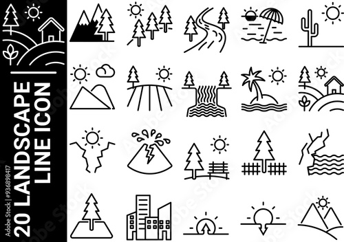 20 landscape line icon, black and white