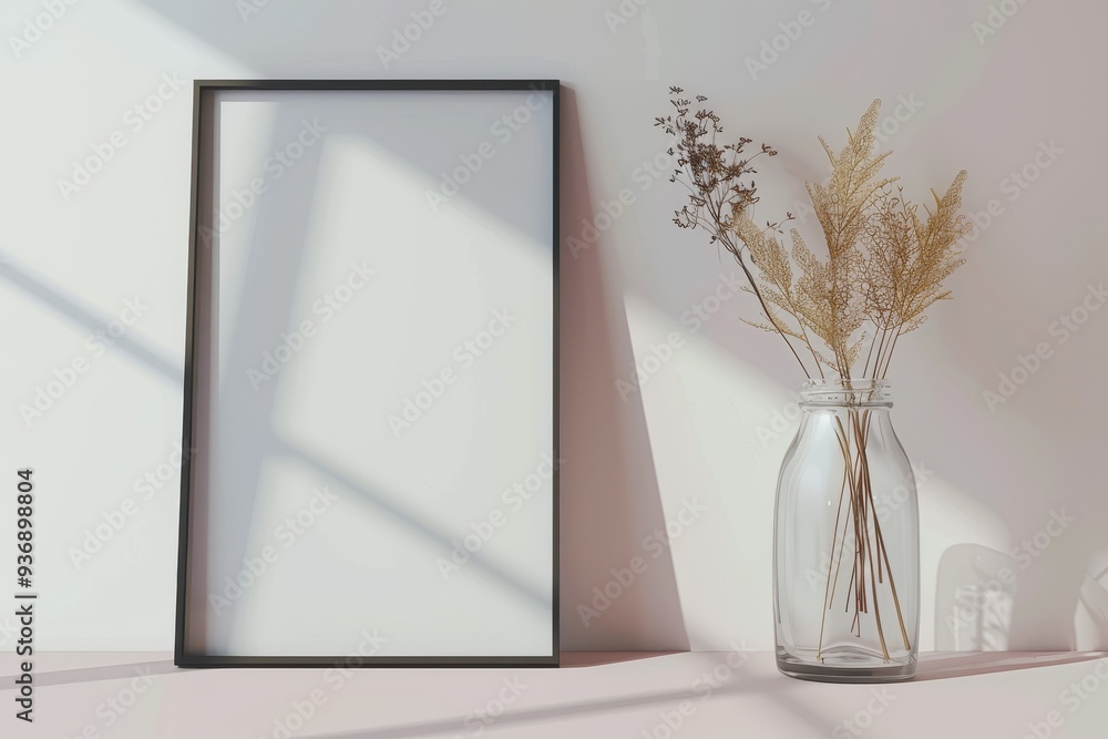 A black frame sits on a table next to a vase of dried flowers A black frame sits on a table next to a vase of dried flowers