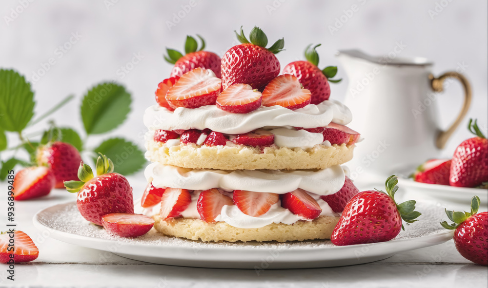 A delicious strawberry shortcake sits on a white plate, surrounded by fresh strawberries A delicious strawberry shortcake sits on a white plate, surrounded by fresh strawberries