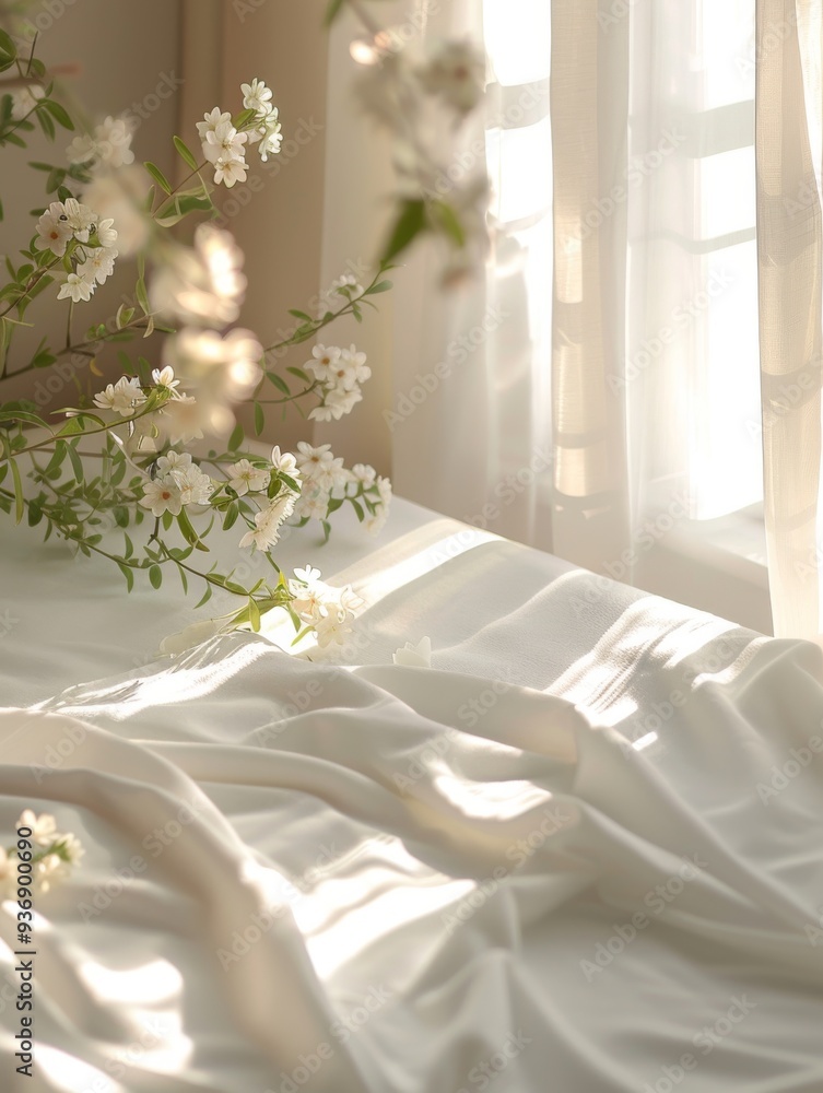 A white bed with a white sheet and a bouquet of white flowers on it A white bed with a white sheet and a bouquet of white flowers on it