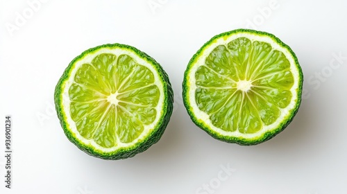 Close-up of a green bergamot sliced in half, showcasing the bright interior on a clean white background. Copy space for text.