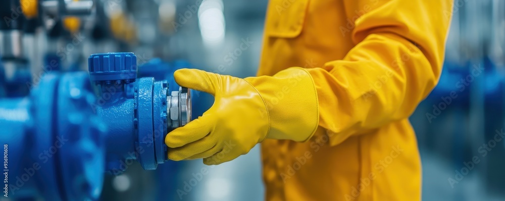 Close-up of an engineer's hand adjusting a large valve, safety gloves and industrial controls visible. Close-up of an engineer's hand adjusting a large valve, safety gloves and industrial controls visible.