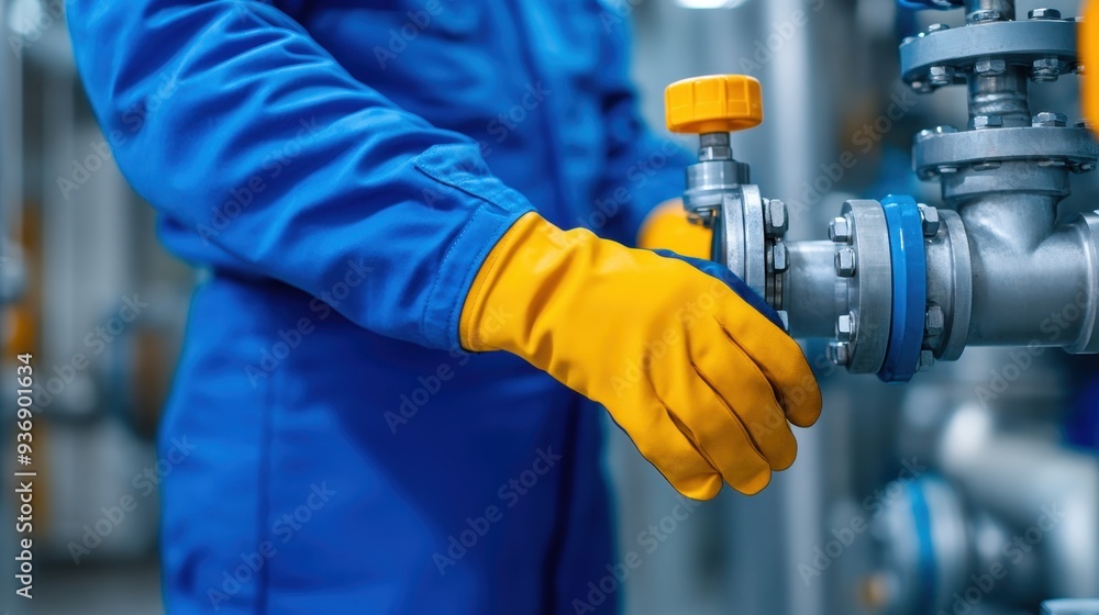 Engineers hand operating a valve, focus on protective gloves and complex machinery in a petrochemical environment. Engineers hand operating a valve, focus on protective gloves and complex machinery in a petrochemical environment.