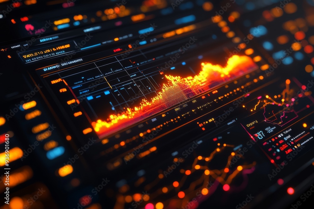 Close up of a digital dashboard displaying stock market data representing the efficiency and power of modern financial technology Close up of a digital dashboard displaying stock market data representing the efficiency and power of modern financial technology