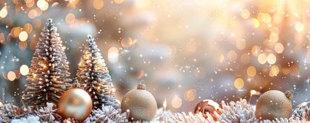 A Christmas tree with two small trees and a bunch of gold ornaments A Christmas tree with two small trees and a bunch of gold ornaments