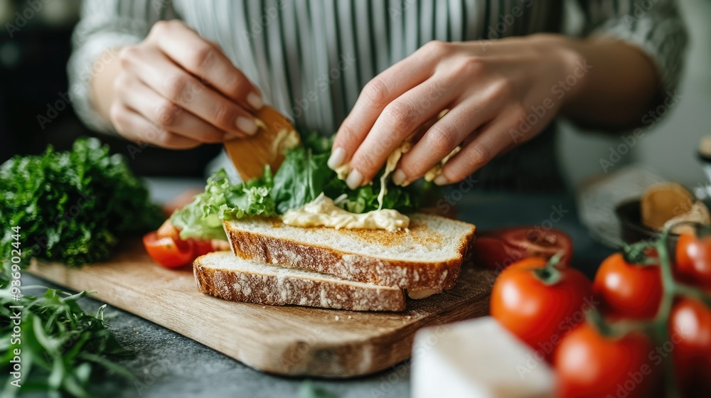 Close-up of a woman making a sandwich at a grey table, spreading mayonnaise on bread. Fresh ingredients like lettuce and tomatoes are visible nearby. Close-up of a woman making a sandwich at a grey table, spreading mayonnaise on bread. Fresh ingredients like lettuce and tomatoes are visible nearby.