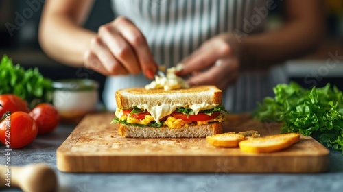 Close-up of a woman making a sandwich at a grey table, spreading mayonnaise on bread. Fresh ingredients like lettuce and tomatoes are visible nearby.