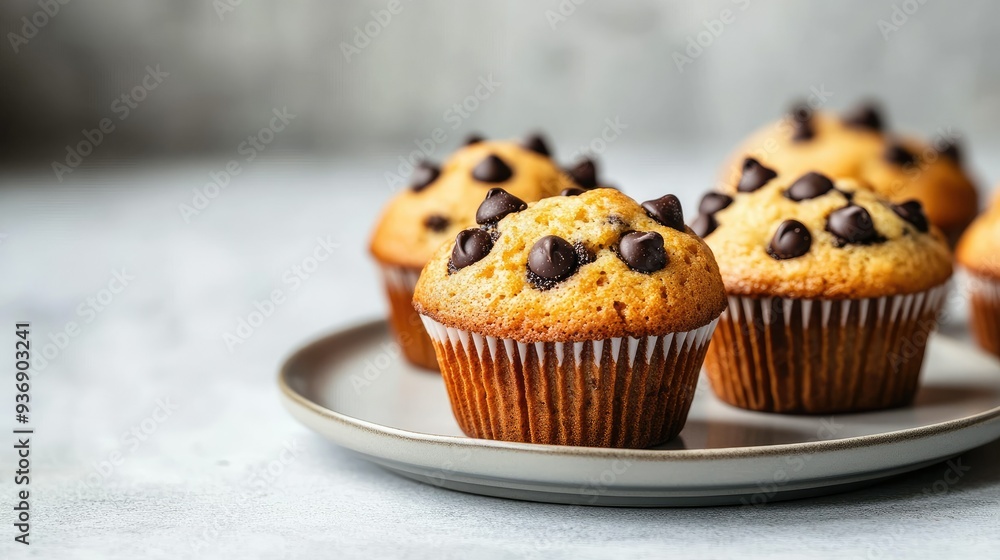 Close-up of freshly baked chocolate chip muffins on a plate, placed on a light gray surface. Minimalistic background. Close-up of freshly baked chocolate chip muffins on a plate, placed on a light gray surface. Minimalistic background.