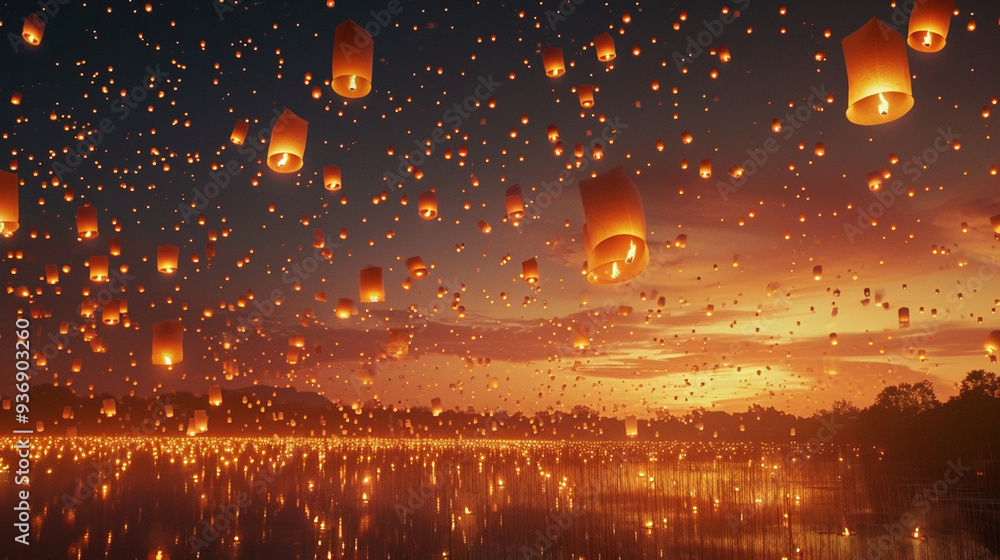 Naklejka premium sky ablaze with countless floating lanterns at sunset