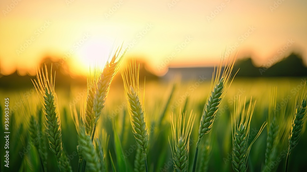 Close-up of green wheat in a field, with a blurred view of the tribune in the background. The fresh crops symbolize growth and rural tranquility.