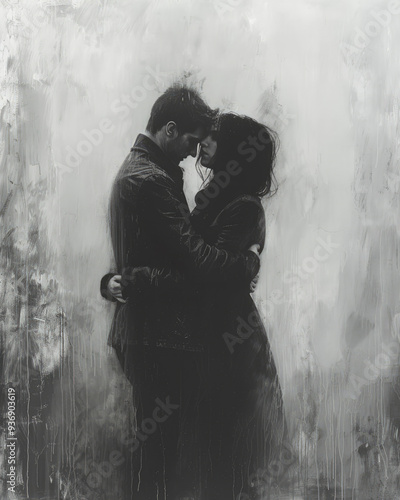 Close up shot of a couple hugging from each other emotionally, misty, black and white scene. Image stylized as a black and white photo of a loving couple hugging photo