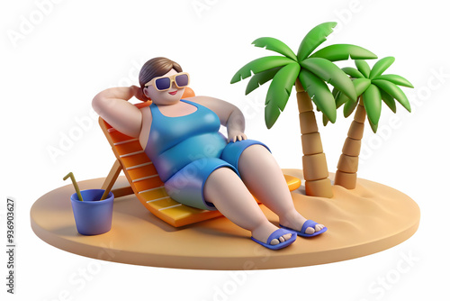 3D Plus Size Model Relaxing on Beach - Ideal for Travel and Wellness Ads