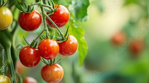 Close-up of red cherry tomatoes ripening on the vine in a lush greenhouse garden. The vibrant, nutrient-rich tomatoes are packed with vitamins, promoting healthy eating.