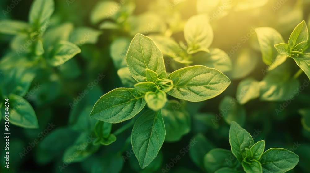 Close-up top view of oregano leaves, showcasing the intricate details and textures of the plant, with soft sunlight filtering through. Close-up top view of oregano leaves, showcasing the intricate details and textures of the plant, with soft sunlight filtering through.
