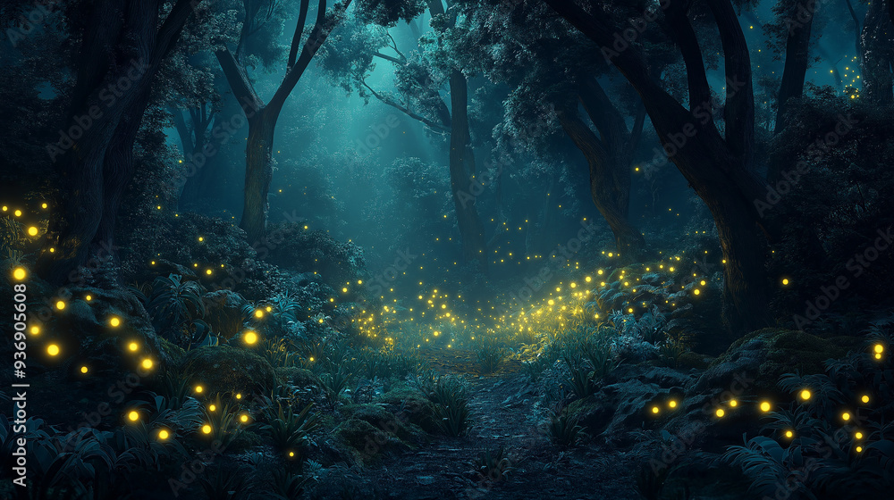 Enchanting Dark Forest Background with Glowing Bioluminescent Plants and Creatures for Magical and Mystical Fantasy Designs Enchanting Dark Forest Background with Glowing Bioluminescent Plants and Creatures for Magical and Mystical Fantasy Designs