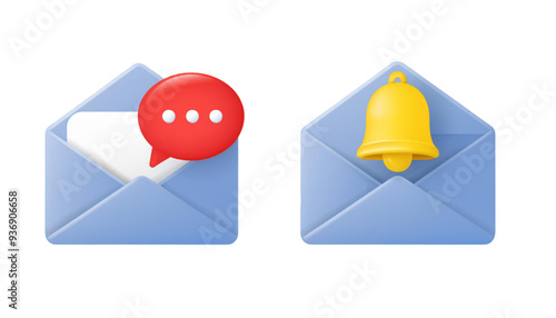 3D Closed envelopes with speech bubble and bell. New message notification. Send letter by email. Push reminder. Newsletter subscription. Cartoon creative design icon set. 3D Vector illustration
