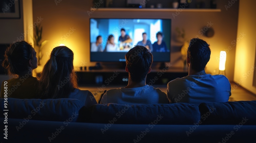 A group of diverse friends relaxes on a couch, engrossed in a movie on a large screen in a warm and inviting room A group of diverse friends relaxes on a couch, engrossed in a movie on a large screen in a warm and inviting room