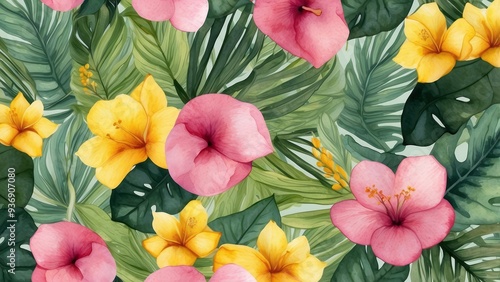 Watercolor Painting of Tropical Flowers and Leaves