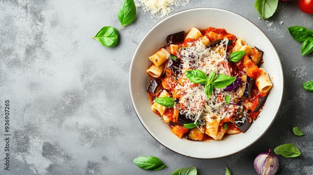 Delicious Pasta alla Norma with roasted eggplant, rich tomato sauce, and grated cheese, garnished with basil leaves on a gray concrete surface. Delicious Pasta alla Norma with roasted eggplant, rich tomato sauce, and grated cheese, garnished with basil leaves on a gray concrete surface.