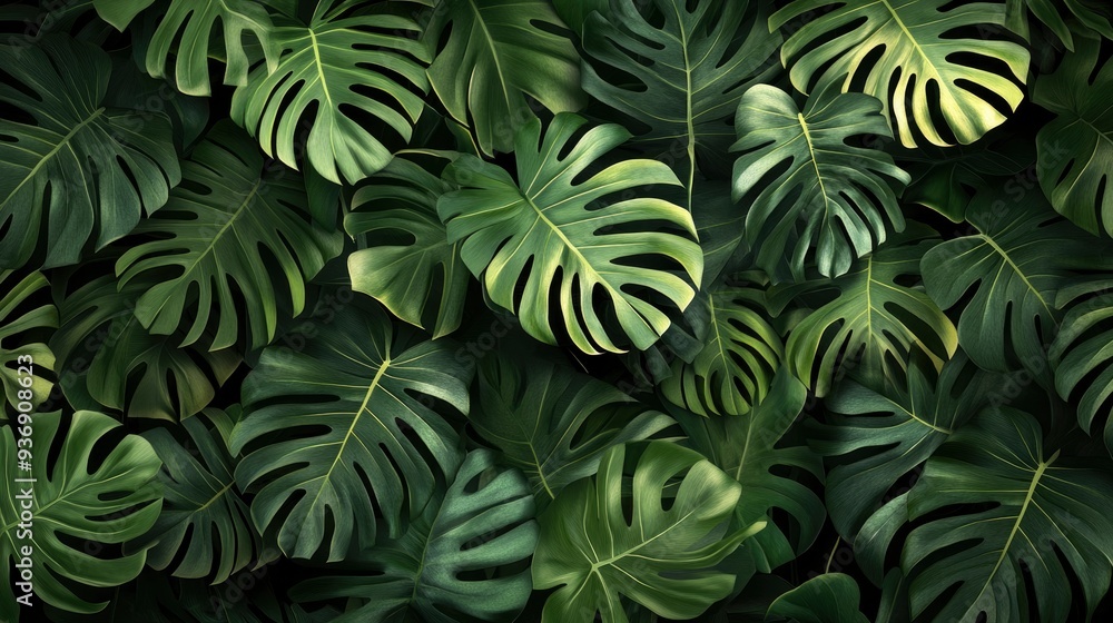 Monstera green leaves or Monstera Deliciosa in dark tones(Monstera, palm, rubber plant, pine, bird’s nest fern), background or green leafy tropical pine forest patterns for creative design , ai Monstera green leaves or Monstera Deliciosa in dark tones(Monstera, palm, rubber plant, pine, bird’s nest fern), background or green leafy tropical pine forest patterns for creative design , ai