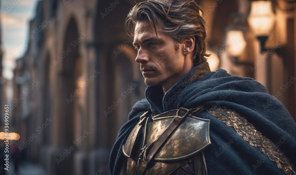 A man in armor and a cloak looks intently to the left in a medieval city A man in armor and a cloak looks intently to the left in a medieval city