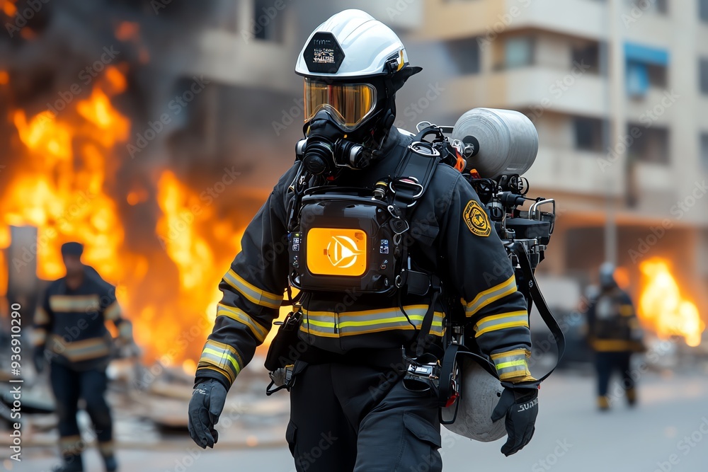 Brave firefighter in protective gear responding to an emergency in front of a blazing building, showcasing courage and determination. Brave firefighter in protective gear responding to an emergency in front of a blazing building, showcasing courage and determination.
