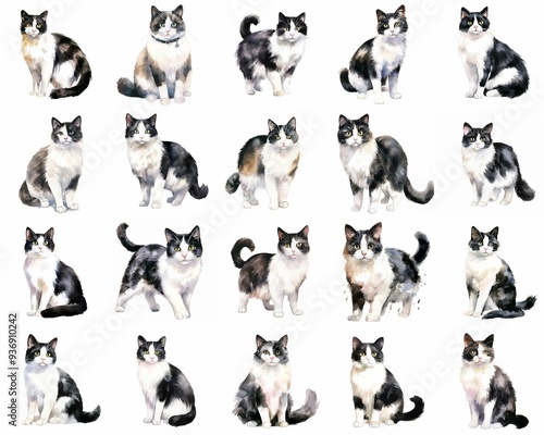 Watercolor Cats Collection Illustration - Multiple Black and White Cats in Different Poses - Perfect for Animal Lovers and Pet Decor photo