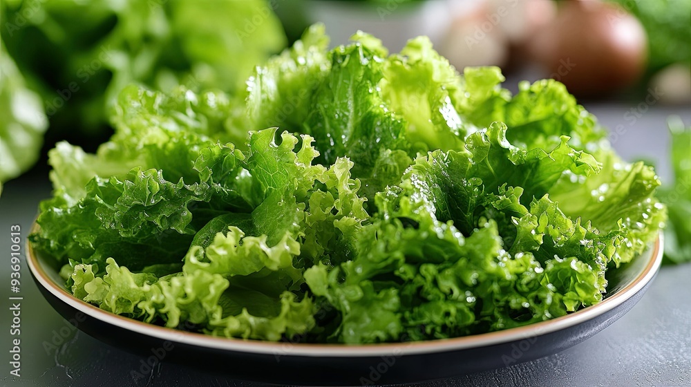 Fresh green lettuce leaves arranged on a plate with other natural greens, creating a nutritious and appealing salad. The focus is on healthy eating and vibrant ingredients. Fresh green lettuce leaves arranged on a plate with other natural greens, creating a nutritious and appealing salad. The focus is on healthy eating and vibrant ingredients.