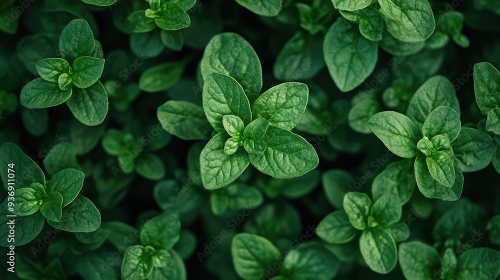 Fresh oregano leaves seen from above, with the plant's rich green color and delicate texture filling the frame, ready for harvest. Fresh oregano leaves seen from above, with the plant's rich green color and delicate texture filling the frame, ready for harvest.
