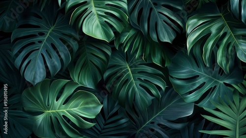 Wallpaper Mural Monstera green leaves or Monstera Deliciosa in dark tones(Monstera, palm, rubber plant, pine, birdâ€™s nest fern), background or green leafy tropical pine forest patterns for creative design , ai Torontodigital.ca