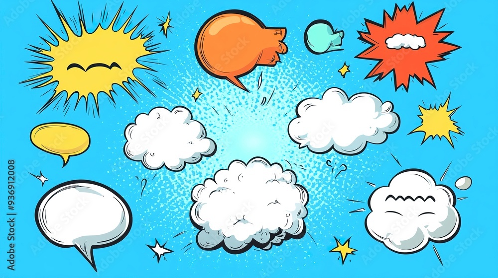 Comic book bubbles. Cartoon explosions funny comical speech clouds, comics words, thinking bubbles and graphic conversation text elements vector illustration set. generative ai Comic book bubbles. Cartoon explosions funny comical speech clouds, comics words, thinking bubbles and graphic conversation text elements vector illustration set. generative ai