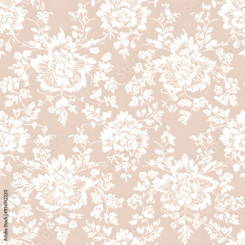 White Floral Pattern on Beige Background.